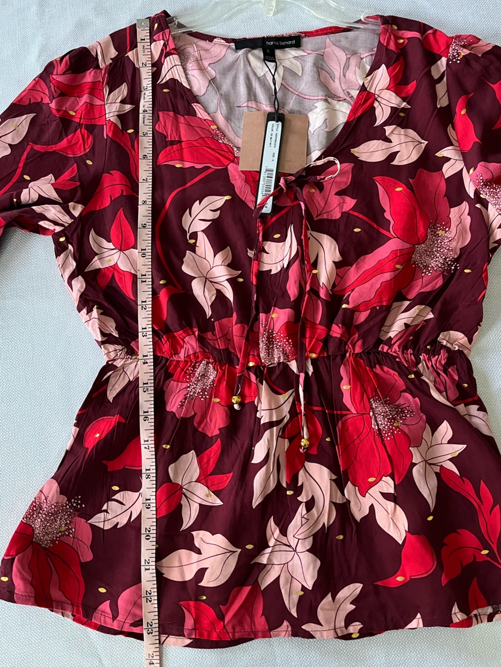 Harve Benard NWT Floral Peasant Blouse Womens Small Burgundy Pink Tie Front